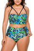 Sexy Plus Size Blue Green Print High Waist Bikini Swimsuit